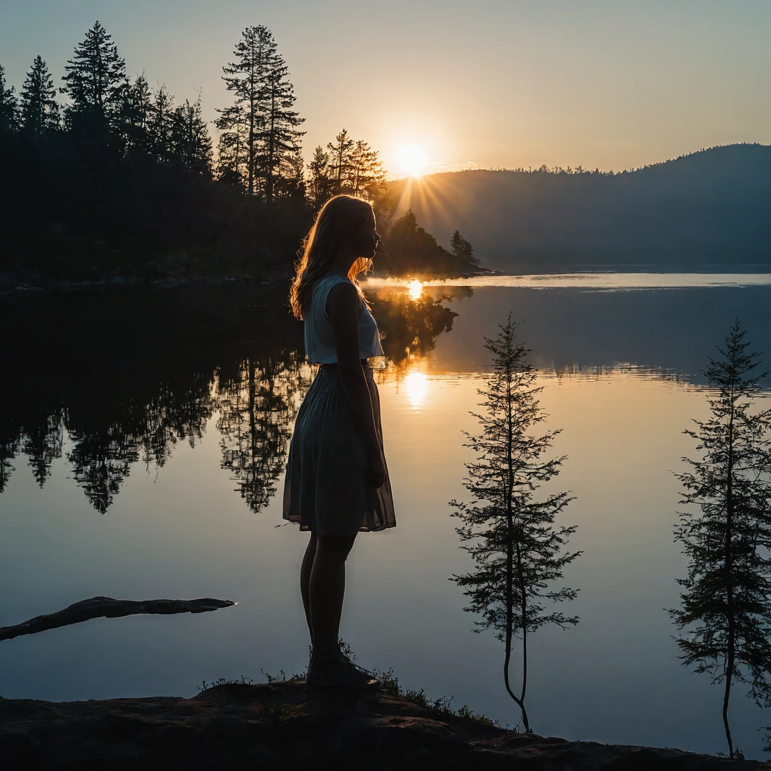 there is a woman standing on a rock looking out at the water, girl watching sunset, setting in nature, at sunrise, sun behind her, the girl and the sun, at the sunset, looking at sunset, summer morning light, sunset light, tranquility, at a beautiful sunset, sunrise light, beautiful backlight, with a sunset, near a lake