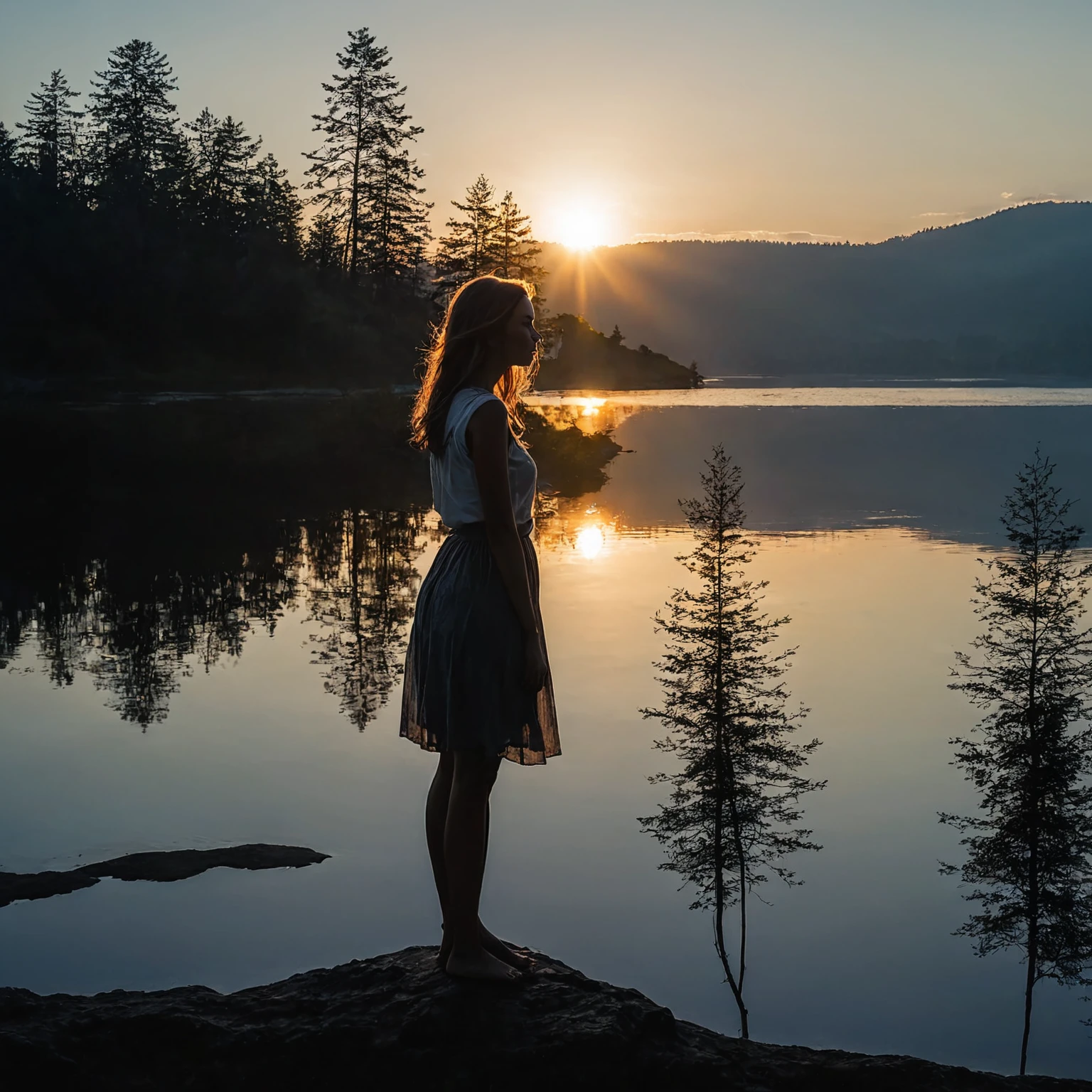 there is a woman standing on a rock looking out at the water, girl watching sunset, setting in nature, at sunrise, sun behind her, the girl and the sun, at the sunset, looking at sunset, summer morning light, sunset light, tranquility, at a beautiful sunset, sunrise light, beautiful backlight, with a sunset, near a lake