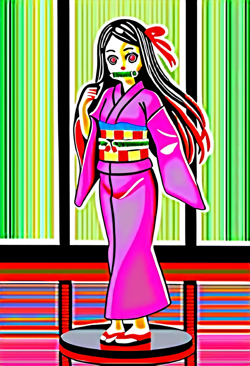 nezukokamado, nezuko kamado, bamboo, (bit gag:1.5), black hair, (forehead:1.5), gag, gagged, hair ribbon, long hair, multicolored hair, (pink eyes:1.5), orange hair, slit pupils, wavy hair, two-tone hair,
BREAK asa no ha (pattern), checkered sash, haori, japanese clothes, kimono, long sleeves, obi, pink kimono, sash, wariza, wide sleeves,
BREAK looking at viewer,
BREAK indoors,
BREAK (masterpiece:1.2), best quality, high resolution, unity 8k wallpaper, (illustration:0.8), (beautiful detailed eyes:1.6), extremely detailed face, perfect lighting, extremely detailed CG, (perfect hands, perfect anatomy),