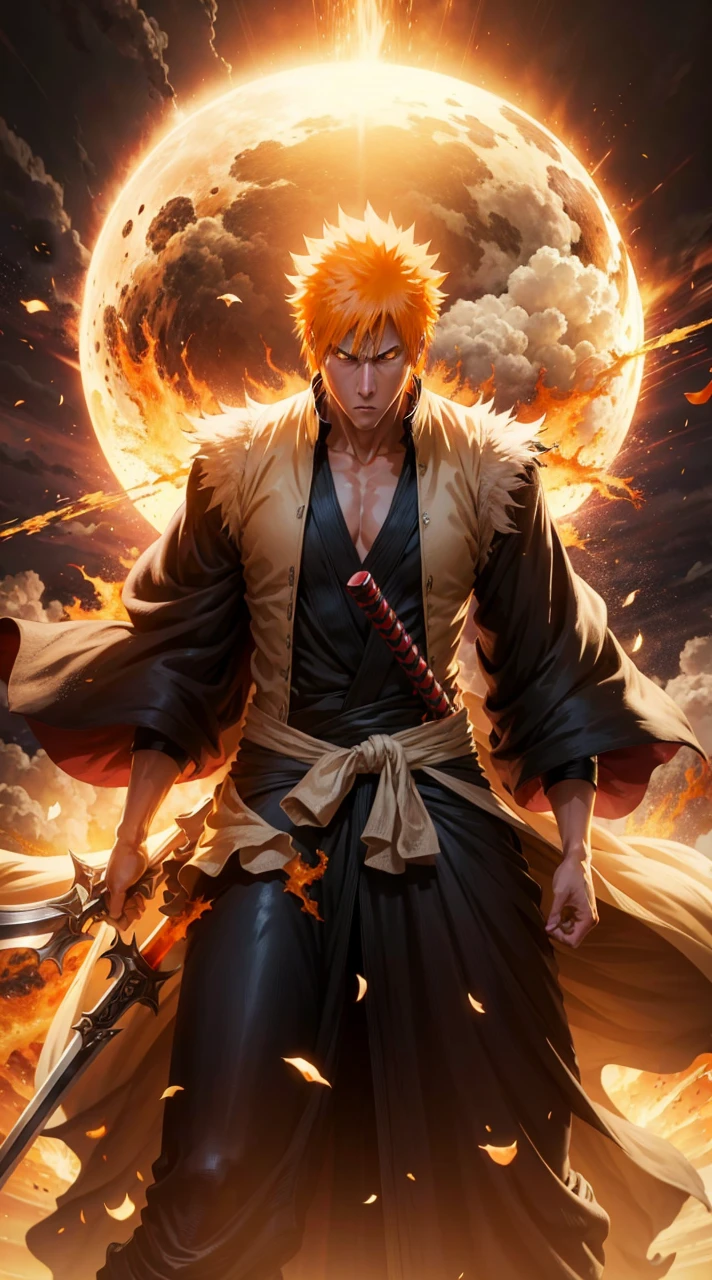 Create an image of Ichigo Kurosaki from Bleach, highly detailed and visually stunning. Include his iconic orange hair, determined expression, and his Shinigami outfit. Show him in a dynamic action pose, wielding his Zanpakuto with powerful energy emanating from it. The background should enhance the dramatic effect, with dark, swirling clouds and bursts of light. Make sure to capture the essence of his character and the intensity of the battle.