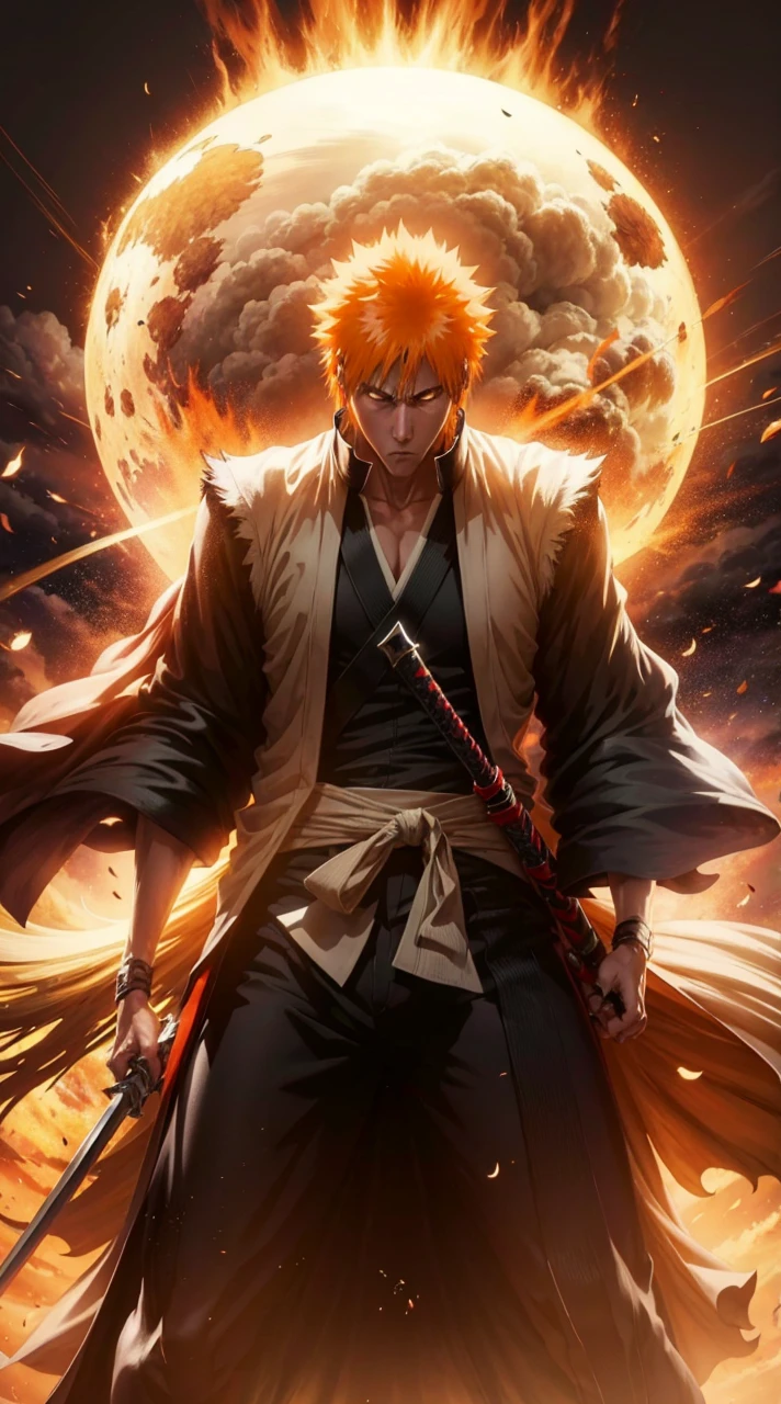 Create an image of Ichigo Kurosaki from Bleach, highly detailed and visually stunning. Include his iconic orange hair, determined expression, and his Shinigami outfit. Show him in a dynamic action pose, wielding his Zanpakuto with powerful energy emanating from it. The background should enhance the dramatic effect, with dark, swirling clouds and bursts of light. Make sure to capture the essence of his character and the intensity of the battle.