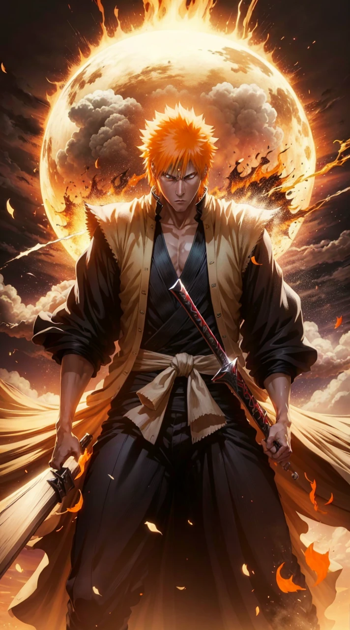 Create an image of Ichigo Kurosaki from Bleach, highly detailed and visually stunning. Include his iconic orange hair, determined expression, and his Shinigami outfit. Show him in a dynamic action pose, wielding his Zanpakuto with powerful energy emanating from it. The background should enhance the dramatic effect, with dark, swirling clouds and bursts of light. Make sure to capture the essence of his character and the intensity of the battle.