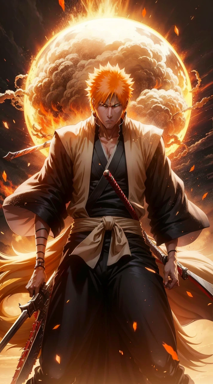 Create an image of Ichigo Kurosaki from Bleach, highly detailed and visually stunning. Include his iconic orange hair, determined expression, and his Shinigami outfit. Show him in a dynamic action pose, wielding his Zanpakuto with powerful energy emanating from it. The background should enhance the dramatic effect, with dark, swirling clouds and bursts of light. Make sure to capture the essence of his character and the intensity of the battle.