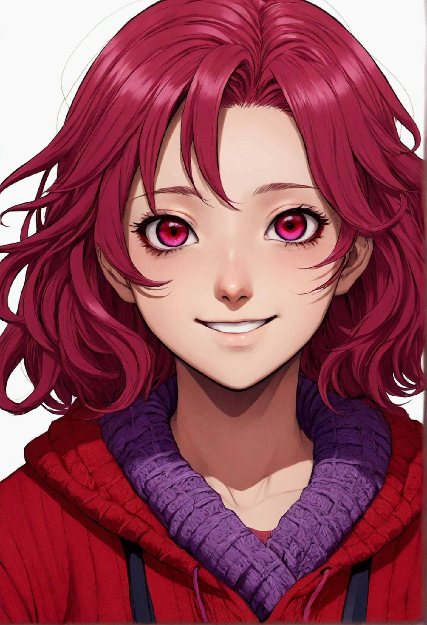 anime girl with red hair and purple eyes with a red sweater, yayoi kasuma, demon slayer rui fanart, kimetsu no yaiba, demon slayer artstyle, coloured manga scan, [[[[grinning evily]]]], full colored, colored manga, digitally colored, fully colored, hana yata, ((red)) baggy eyes