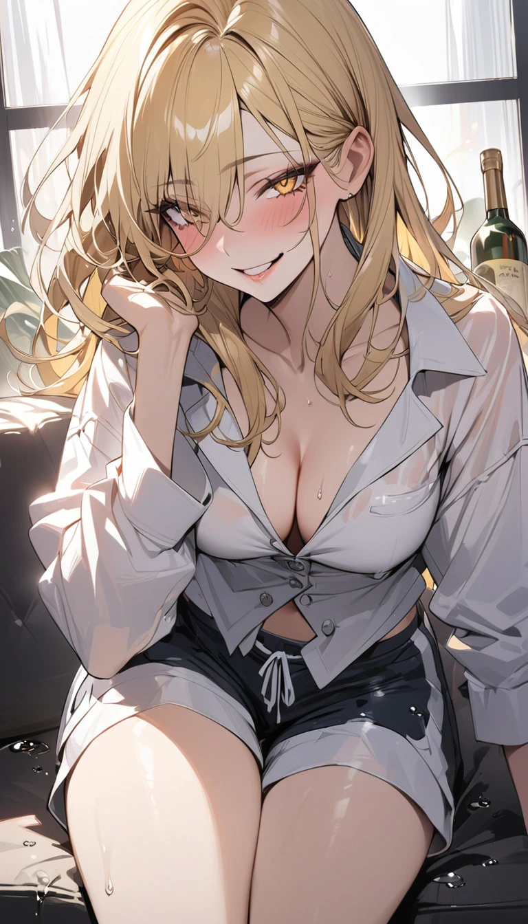 Highest quality masterpiece High resolution Long blonde hair Portraits Yellow Eyes Pale pink lips F Cup pajamas Shorts Disheveled clothes living Sit on the sofa Glass in right hand Drinking alcohol Drunk smile Laughter