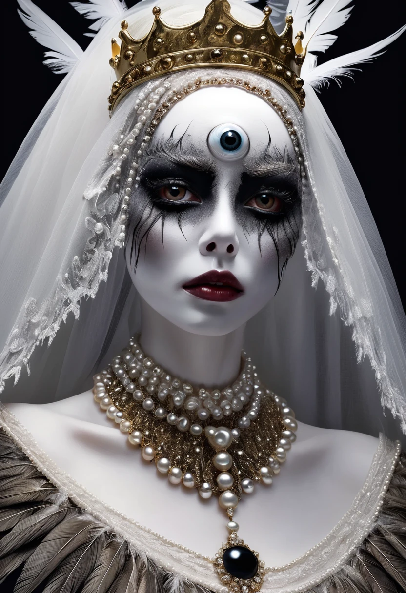 (masterpiece, best quality:1.2),Grotesque Aesthetics:1.56，Thriller， Ugly faceless person，There are many eyeballs growing on the skin of the face，teeth， Solitary，black background，crown，veil，hand，Pearl Necklace，Feather wings