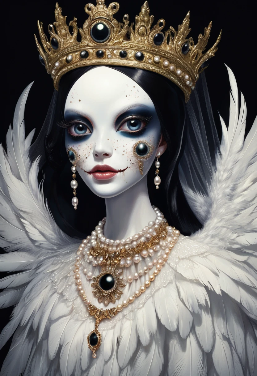 (masterpiece, best quality:1.2),Grotesque Aesthetics:1.56，Thriller， Ugly faceless person，There are many eyeballs growing on the skin of the face，teeth， Solitary，black background，crown，veil，hand，Pearl Necklace，Feather wings