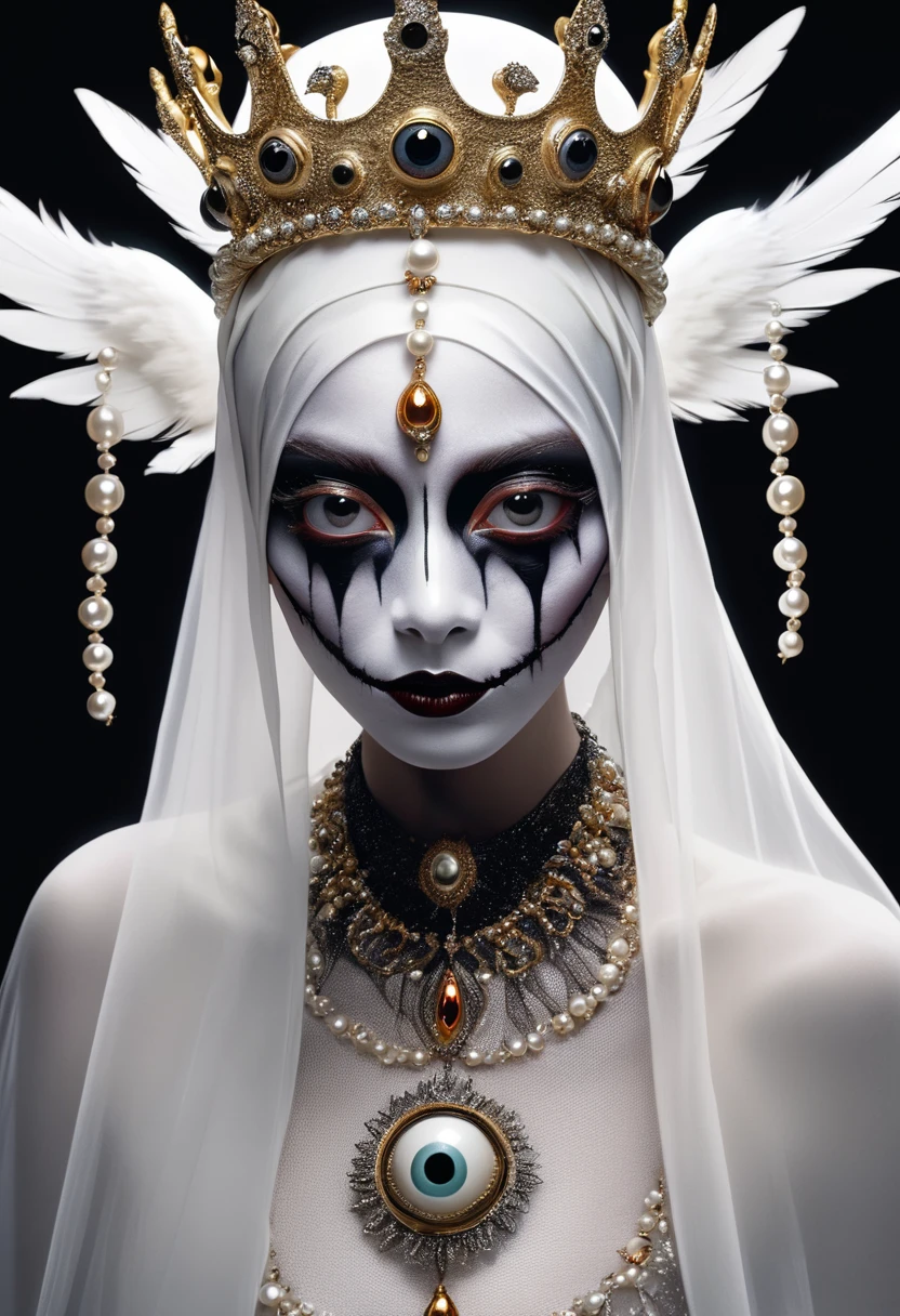 (masterpiece, best quality:1.2),Grotesque Aesthetics:1.56,Thriller, Ugly faceless person,There are many eyeballs growing on the skin of the face,teeth, Solitary,black background,crown,veil,hand,Pearl Necklace,Feather wings