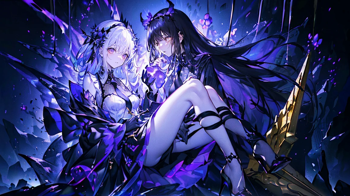 (Very detailed)),((illustration)),((masterpiece)),(((need))),((beautiful、Highest quality CG Unity 8K wallpapers),((4K,masterpiece,best quality)),Woman with long black hair,Golden Eyes,Conbeautifuld in a coffin,Mature,Tie up the hair on both sides,Black and Gold Tulle Skirt,Gorgeous black cape,Black Veil,Purple and white halo,Black and purple high heels,Flowers in bloom,pyramid,Emitting a dark purple light,Under the Deep Sea,Under the Deep Sea的废墟,Under the Deep Sea排满棺材,Mysterious symbols