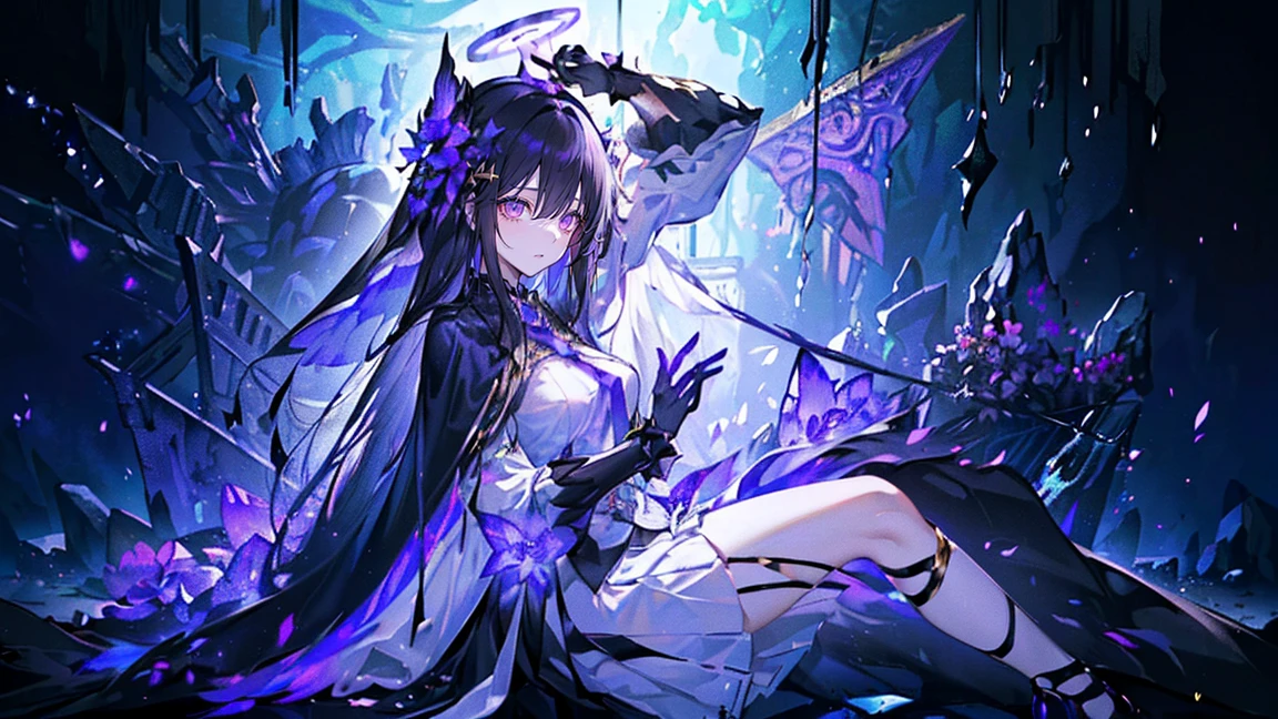 (Very detailed)),((illustration))，((masterpiece)),(((need))),((beautiful、Highest quality CG Unity 8K wallpapers），（（4K，masterpiece，best quality）），Woman with long black hair，Golden Eyes，Conbeautifuld in a coffin，Mature，Tie up the hair on both sides，Black and Gold Tulle Skirt，Gorgeous black cape，Black Veil，Purple and white halo，Black and purple high heels，Flowers in bloom，pyramid，Emitting a dark purple light，Under the Deep Sea，Under the Deep Sea的废墟，Under the Deep Sea排满棺材，Mysterious symbols