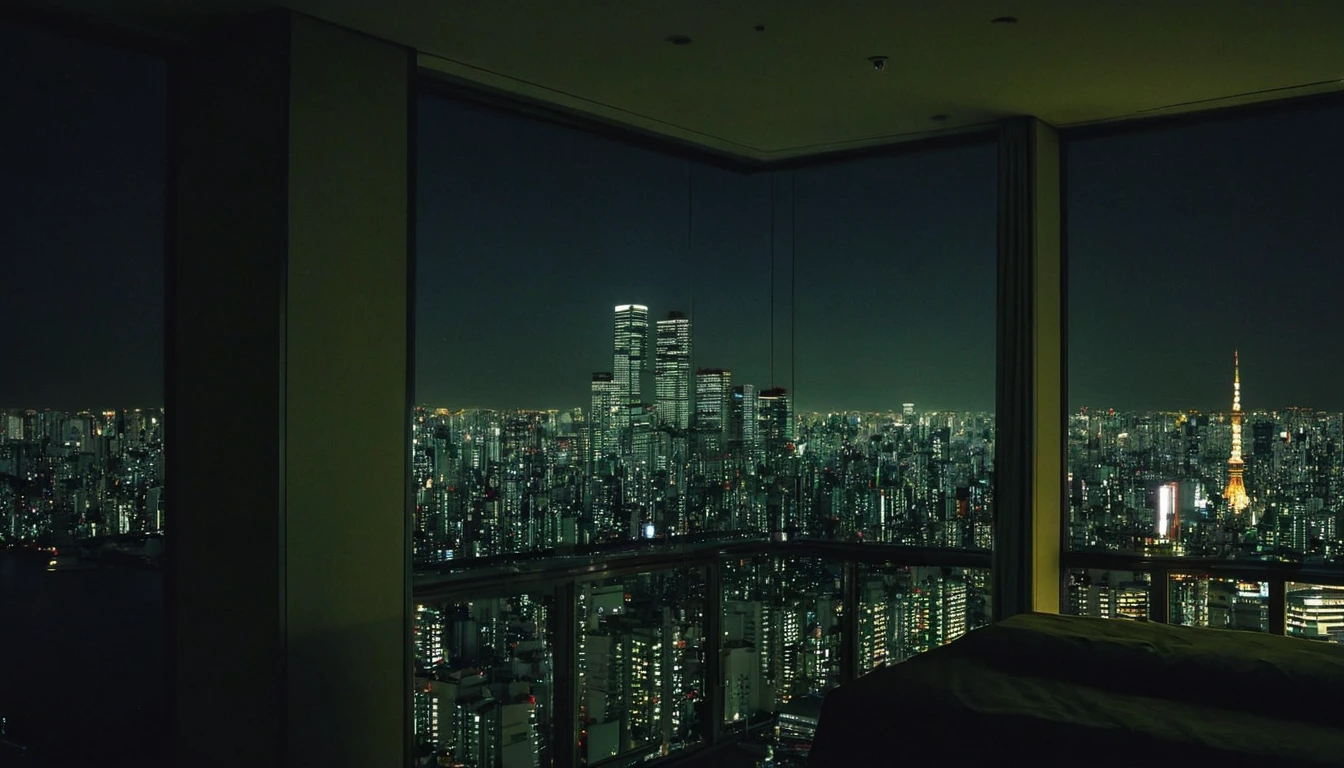 A room in a high-rise apartment with a glittering Tokyo night view。A dark shadow in the shape of a person was cast on the wall.。