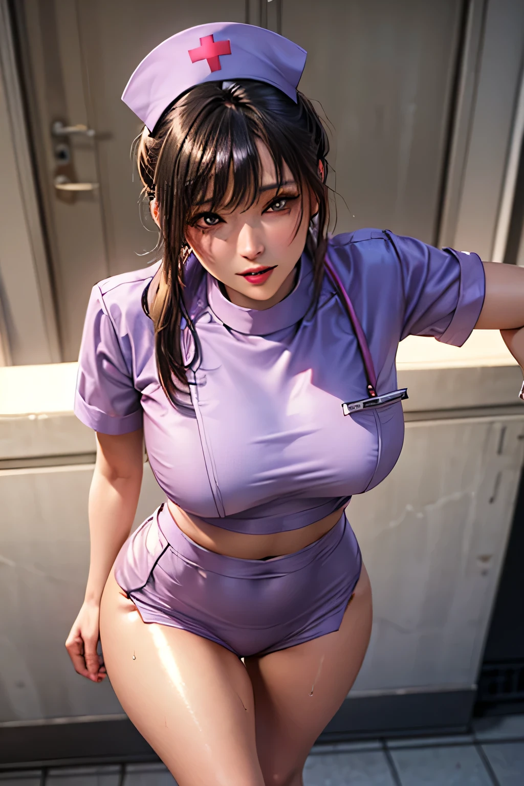 (((((43yo))))), (((((Sexy shiny nurse uniform))))), masterpiece, (From above), ((((Large Breasts)))), ((((Big Hips)))), ((((((Sexy pose)))))), (Very tanned and shiny skin),  photoRealistic, Realistic, alone, photoRealistic, Highest quality, Ultra-high resolution, Yura S, Outdoor, colorful, Lips parted, Daytime setting, beautiful, masterpiece, Highest quality, Highly detailed face, Perfect lighting, Ultra-high resolution, Super detailed 