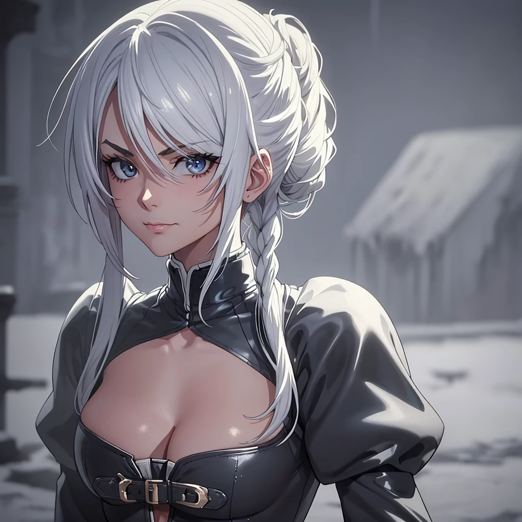 ((best quality)), ((Ultra precision)), solo, 1 girl, hair in a bun, white hair, long side locks, cold beauty, Victorian gothic, leather horse riding boots, snow, gothic background (Ultra precision), soft smile (ultra detailed face), cinematic lighting, perfect anatomy, perfect hands, towards viewer, dynamic angle, wide shot, full body