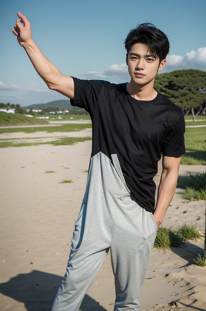 A young Asian man stands, handsome, muscular, looking at the camera. In a simple black t-shirt, Fieldside, grass, beach, sunlight