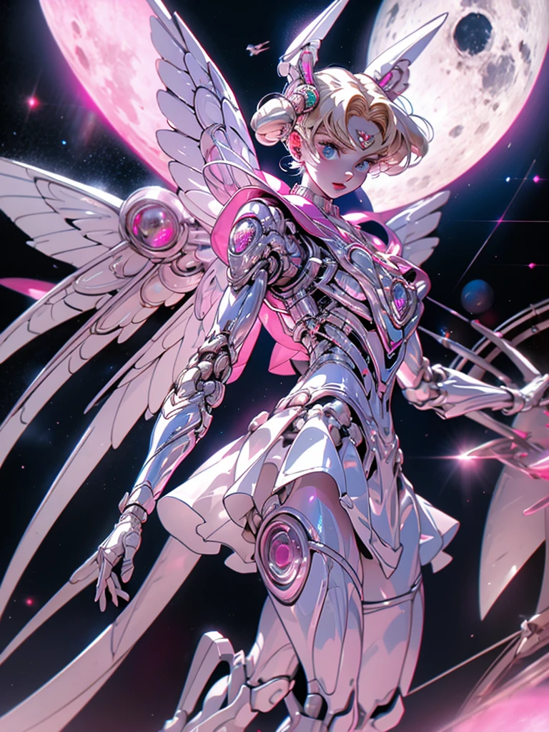 1 mechanical girl: 1.4, Sailor Moon, white mechanical arm, humanoid body, pink sailor suit, good-looking face, sailor Moon, moon hare, rabbit ears, mechanical ears, white blouse, blonde hair, mechanical arm, pink skirt, side, heart-shaped robot in the background, sci-fi background, complex background, hair glowing hair, forehead hair light, moon, panorama, mechanical wings, large wings in the background