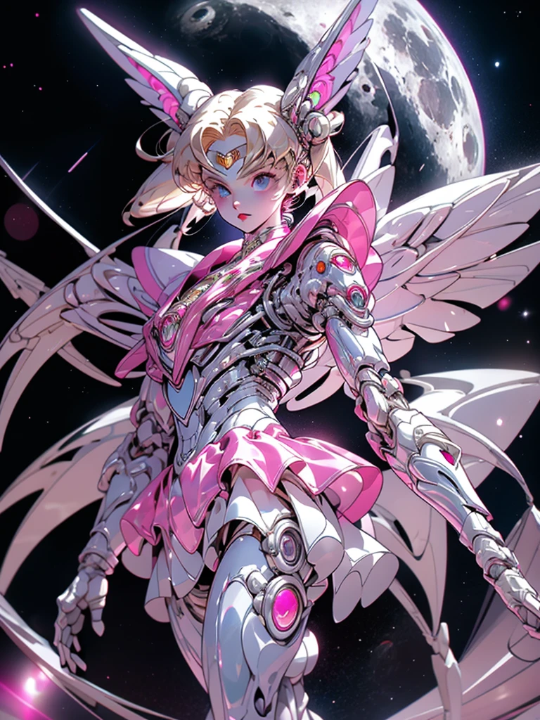 1 mechanical girl: 1.4, Sailor Moon, white mechanical arm, humanoid body, pink sailor suit, good-looking face, sailor Moon, moon hare, rabbit ears, mechanical ears, white blouse, blonde hair, mechanical arm, pink skirt, side, heart-shaped robot in the background, sci-fi background, complex background, hair glowing hair, forehead hair light, moon, panorama, mechanical wings, large wings in the background