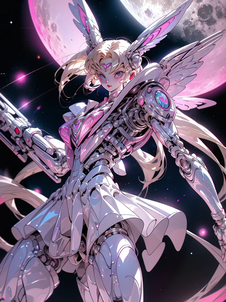 1 mechanical girl: 1.4, Sailor Moon, white mechanical arm, humanoid body, pink sailor suit, good-looking face, sailor Moon, moon hare, rabbit ears, mechanical ears, white blouse, blonde hair, mechanical arm, pink skirt, side, heart-shaped robot in the background, sci-fi background, complex background, hair glowing hair, forehead hair light, moon, panorama, mechanical wings, large wings in the background