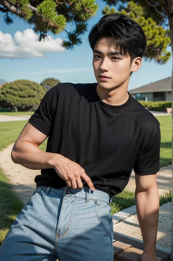 A young Asian man stands, handsome, muscular, looking at the camera. In a simple black t-shirt, Fieldside, grass, beach, sunlight