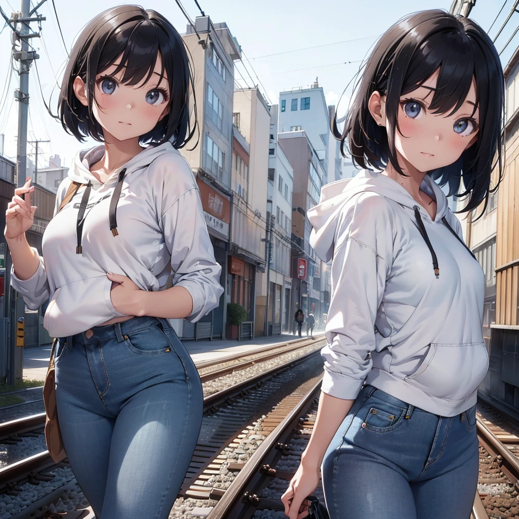 (Highest quality, 32k, High resolution, Masterpiece:1.5, ), god々A girl with a dazzling and healing power, Expressing emotions, Have a rich imagination, Cute Japanese Girls, Perfect Human Anatomy, Magical big eyes, Motherhood and generosity, Deep Love, Fleeting Expression, Shiny black hair short bob, Asymmetrical bangs, Hair between the eyes, Transparent, soft white skin, Sharp eyebrows, Thin lashes, Natural Makeup, Cheek highlighter, Detailed and cute lips, (Black hoodie:1.2), ((Denim jeans:1.2)), Slim figure with ample breasts, Beautifully detailed skies, ((Standing on the tracks that stretch to the horizon:1.2)), god秘的
