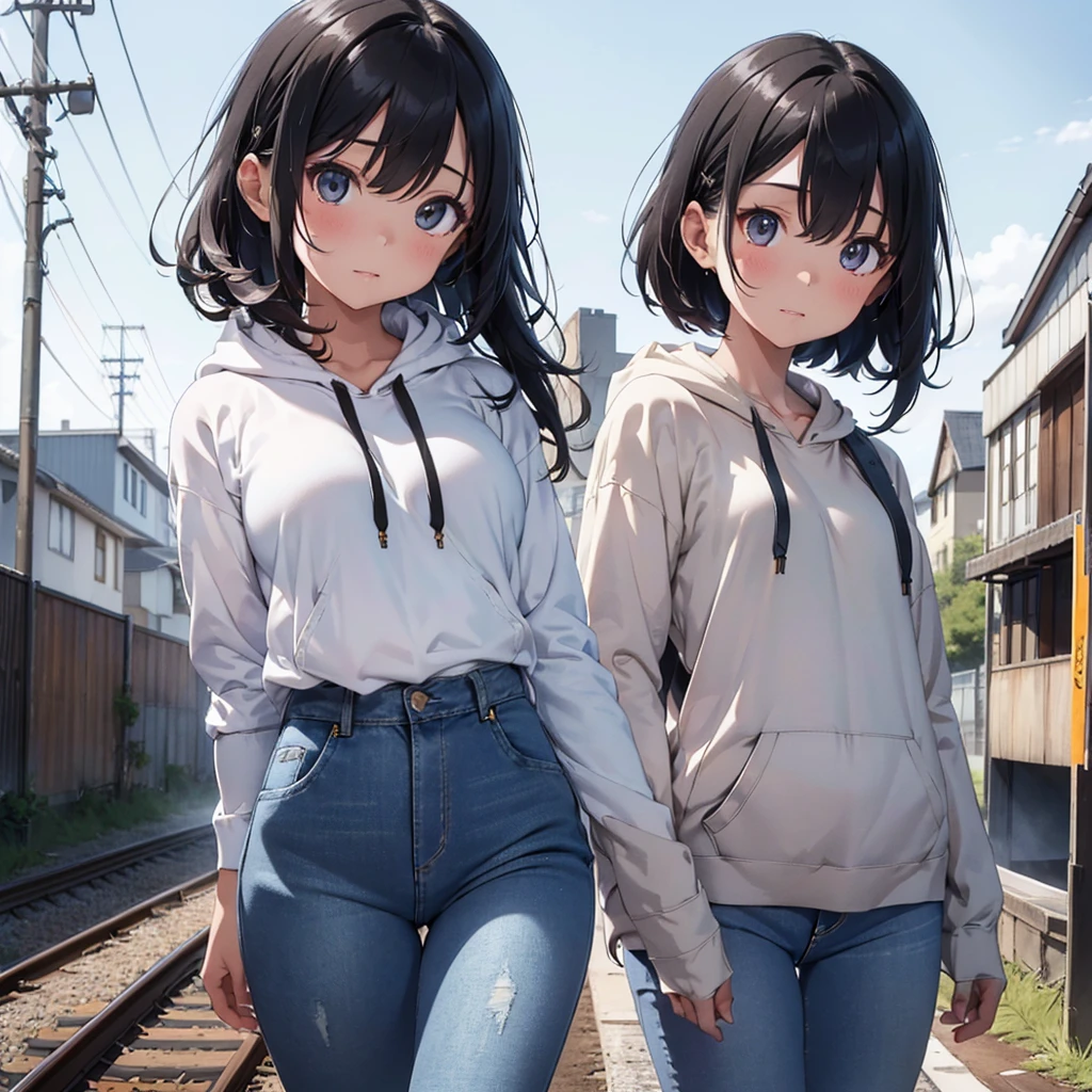 (Highest quality, 32k, High resolution, Masterpiece:1.5, ), god々A girl with a dazzling and healing power, Expressing emotions, Have a rich imagination, Cute Japanese Girls, Perfect Human Anatomy, Magical big eyes, Motherhood and generosity, Deep Love, Fleeting Expression, Shiny black hair short bob, Asymmetrical bangs, Hair between the eyes, Transparent, soft white skin, Sharp eyebrows, Thin lashes, Natural Makeup, Cheek highlighter, Detailed and cute lips, (Black hoodie:1.2), ((Denim jeans:1.2)), Slim figure with ample breasts, Beautifully detailed skies, ((Standing on the tracks that stretch to the horizon:1.2)), god秘的