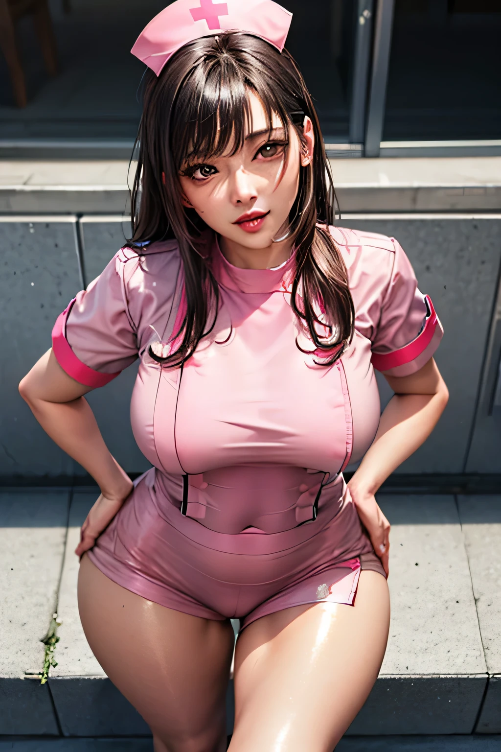 (((((43yo))))), (((((Sexy shiny nurse uniform))))), masterpiece, (From above), ((((Large Breasts)))), ((((Big Hips)))), ((((((Sexy pose)))))), (Very tanned and shiny skin),  photoRealistic, Realistic, alone, photoRealistic, Highest quality, Ultra-high resolution, Yura S, Outdoor, colorful, Lips parted, Daytime setting, beautiful, masterpiece, Highest quality, Highly detailed face, Perfect lighting, Ultra-high resolution, Super detailed 