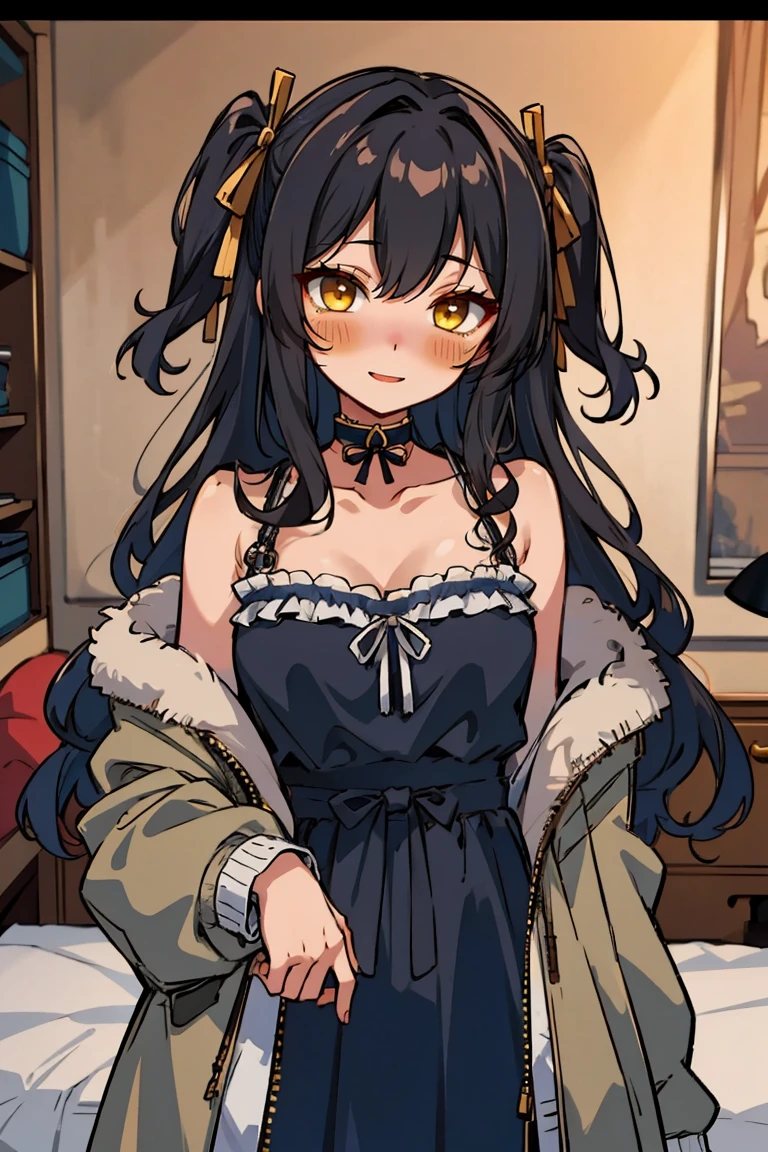 (masterpiece:1.2), (high quality:1.2), hui xiyi, rekkyo sensen, rekkyou sensen, (long wavy hair, hair ribbon, one side up:1.54), solo focus, chinese, girls with((black hair, bare shoulders, medium breasts, breasts, choker, cleavage, collar, collarbone, cowboy shot, dress, see-through sleeves, neck ribbon, blue clothes, frills shirt, fur, fur collar, fur trim, hooded jacket, hoodie, jacket, large breasts, long sleeves, belt, suspenders, open clothes, open hoodie, solo, winter clothes, zipper, upper body, hand up, waving, palm)), background with ((bedroom, room:2.0))