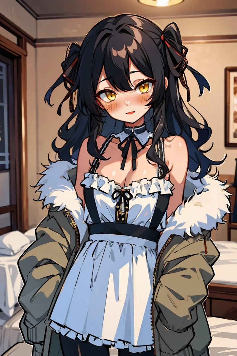(masterpiece:1.2), (high quality:1.2), hui xiyi, rekkyo sensen, rekkyou sensen, (long wavy hair, hair ribbon, one side up:1.54), solo focus, chinese, girls with((black hair, bare shoulders, medium breasts, breasts, choker, cleavage, collar, collarbone, cowboy shot, dress, see-through sleeves, neck ribbon, blue clothes, frills shirt, fur, fur collar, fur trim, hooded jacket, hoodie, jacket, large breasts, long sleeves, belt, suspenders, open clothes, open hoodie, solo, winter clothes, zipper, upper body, hand up, waving, palm)), background with ((bedroom, room:2.0))