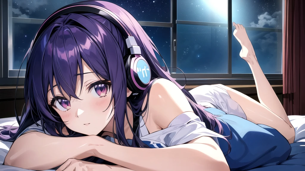 Anime girl lying on bed in front of window with headphones on, Anime Style 4k, 4k anime wallpaper, Nightcore, anime wallpaper 4k, anime wallpaper 4k, Ultra HD Anime Wallpaper, anime art wallpaper 4k, anime art wallpaper 4k, Anime Art Wallpapers 8K, 4K Manga Wallpapers, Best anime 4k konachan wallpaper, The background is a stylish bar