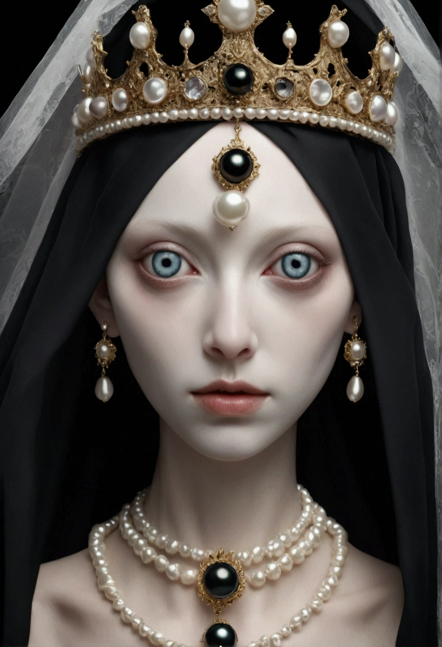 (masterpiece, best quality:1.2),Grotesque Aesthetics:1.56， Ugly faceless person，There are many eyeballs growing on the skin of the face，teeth， Solitary，black background，crown，veil，hand，Pearl Necklace，