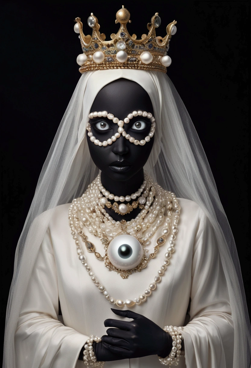 (masterpiece, best quality:1.2),Grotesque Aesthetics:1.56， Ugly faceless person，There are many eyeballs growing on the skin of the face，teeth， Solitary，black background，crown，veil，hand，Pearl Necklace，