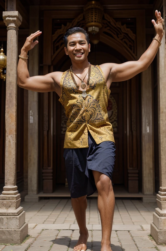 a handsome Indonesian Javanese man dancing, smiling sweetly, facing forward,wearing a Javanese necklace,shoulder length hair,wearing batik,statue gate courtyard, full body,ultra hd, clear photo, Realistic image, digital art, photography, very detail, sharp and intricate 8K high resolution