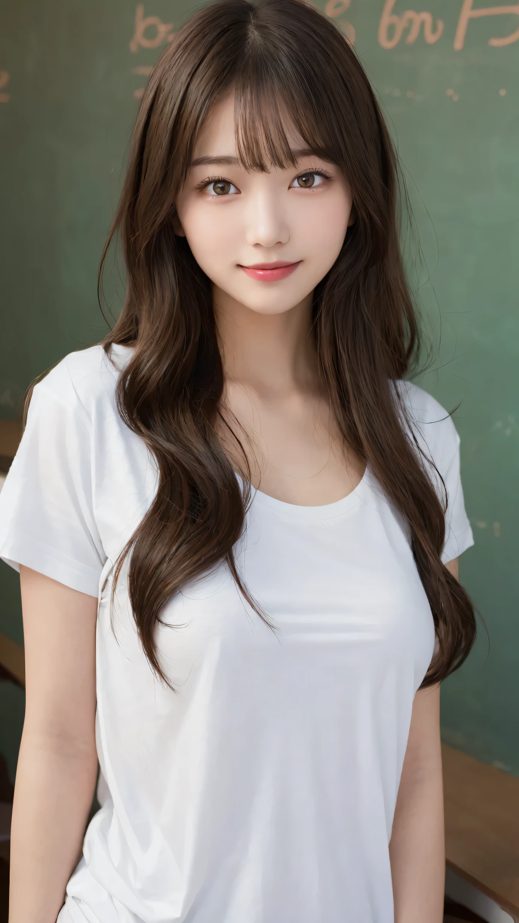 masutepiece, Best Quality, Illustration, Ultra-detailed, finely detail, hight resolution, 8K Wallpaper, Perfect dynamic composition, Beautiful detailed eyes, nsfw, Full body, (light brown hair), Blunt Bangs, wavy hair, (((Absurdly Long Hair))), (((Beautiful Voluminous breasts))), (real looking skin), Natural Color Lip, (The best smile), 17 year old Beautiful girl with voluptuous body, (wearing a white t-shirt:1.5), (buruma:1.5) (classroom background:1.2)