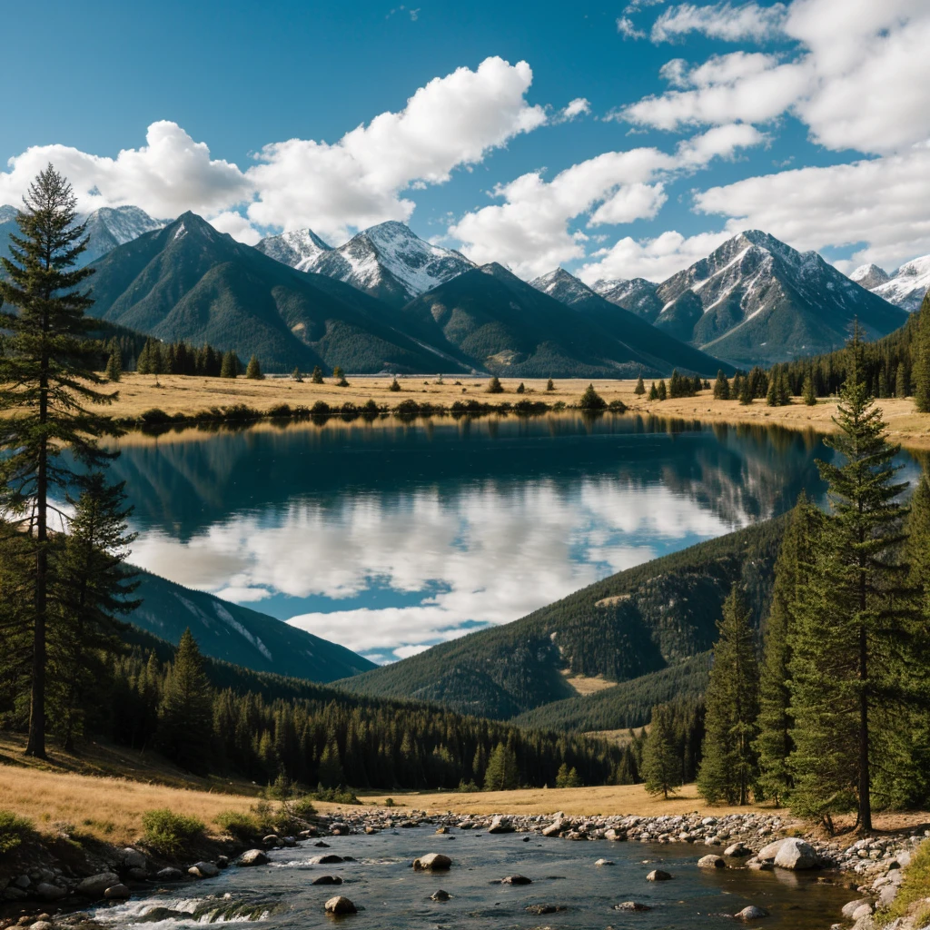 Landscape with mountains, stream, pine trees and clouds