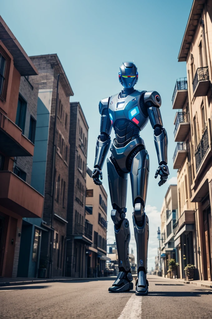 Full body futuristic robot looking at camera, stand in right, futuristic town background, day time, 4k resolution, far away from camera little bit.