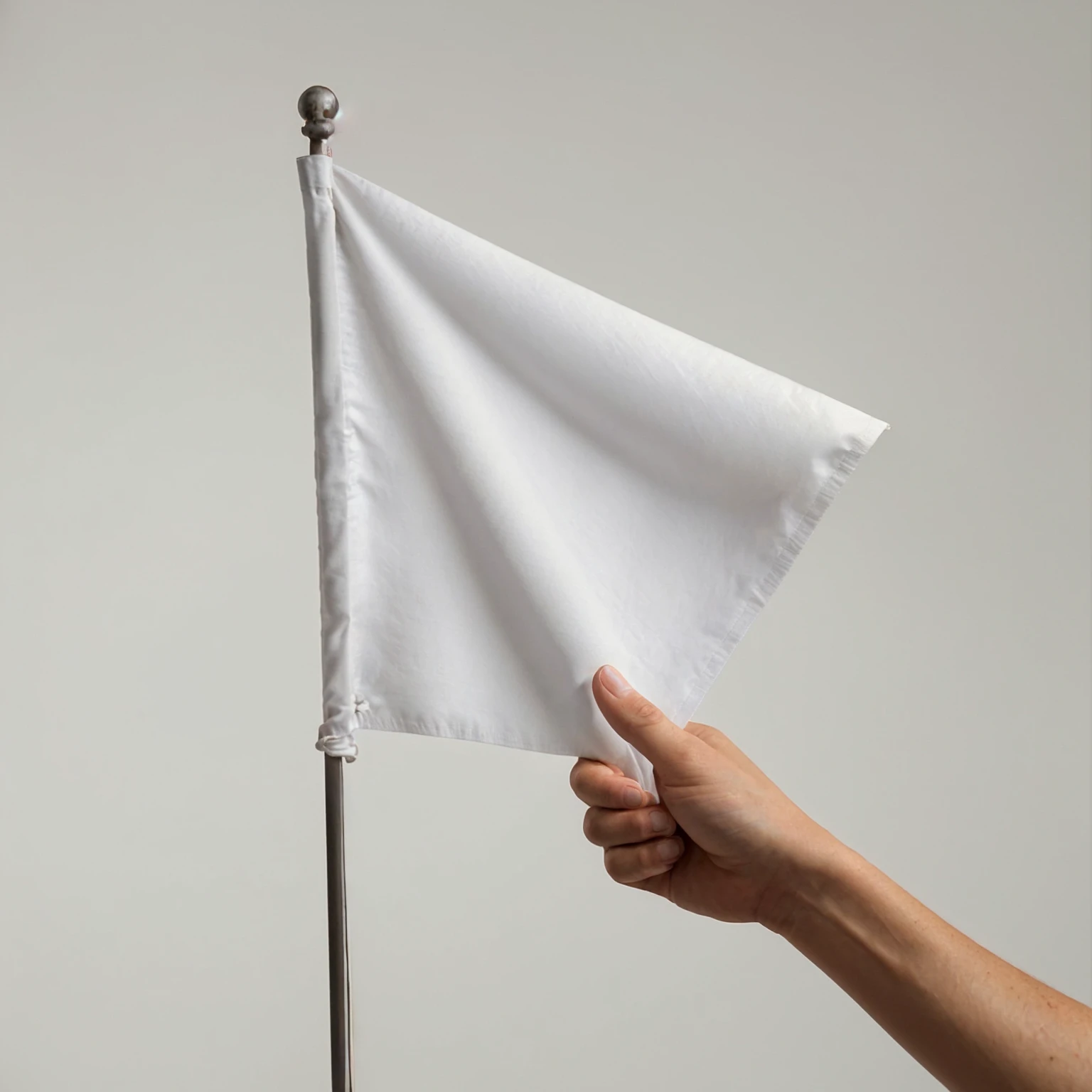 a hand holding a white flag, stock photo style, blank white background, realistic, photorealistic, photo-realistic:1.37, best quality,4k,8k,highres,masterpiece:1.2,ultra-detailed, studio lighting, sharp focus, physically-based rendering, professional, vivid colors, seamless