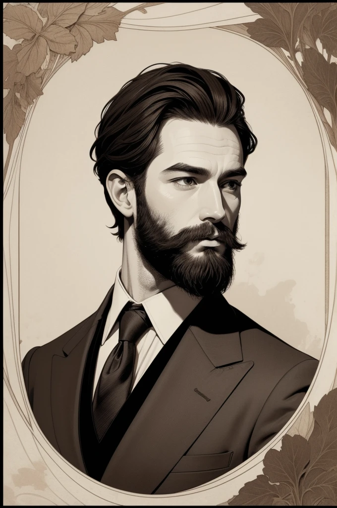 art style, thick ink lines, Portrait, Masterpiece, man, wearing a brown suit, The beard is very short., Very short dark brown hair, Poster Sheet Old Paper Wanted