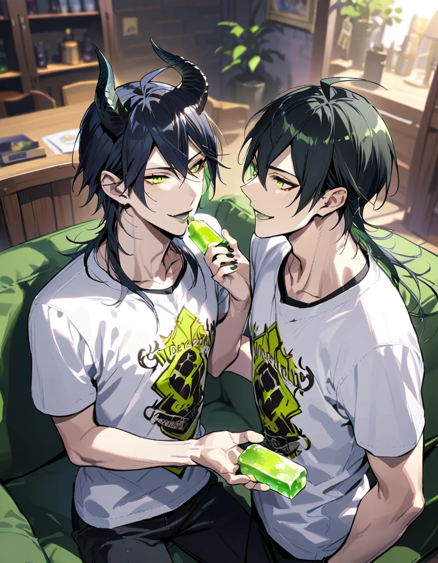 masterpiece, best quality, extremely detailed, anime , upper body, ((2boys)), BL, male focus, ikemen:1.5, looking at each other, holding ice candy, T-shirt, short sleeves, room, sitting on sofa,full body, malleus draconia (twisted wonderland) horns, bishounen, boy, male, yana Toboso style, long hair, black hair, yellow green eyes, smile, gray lips, handsome, skinny, tall, yellow green glow,AddXL