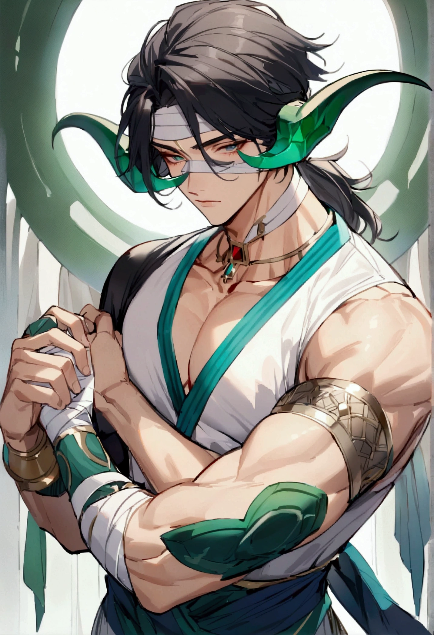 muscular young man, skin fair, black hair, short and a little cut at the top, a thick fringe that covers the right side of the face and keeps the rest tied in a ponytail, olhos verdes esmeralda,dragon horns, A white kimono , designed with blue details, along with a blue band to hold it, bandage on your arms