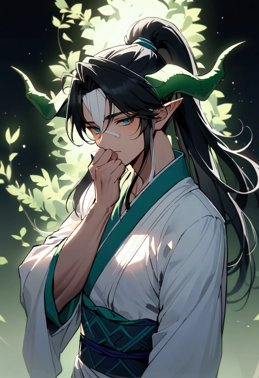 muscular young man, skin fair, black hair, short and a little cut at the top, a thick fringe that covers the right side of the face and keeps the rest tied in a ponytail, olhos verdes esmeralda,dragon horns, A white kimono , designed with blue details, along with a blue band to hold it, bandage on your arms