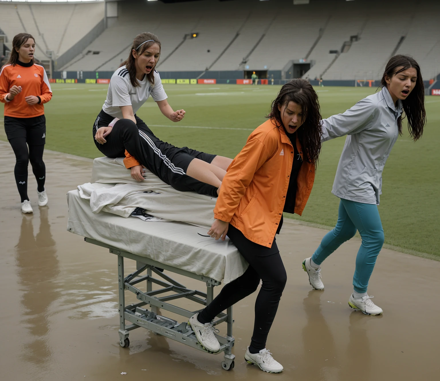 a soccer scene in a sports stadium, cool and wet weather conditions, humide ground, rainy sky, injury scene in a sports stadium, stretcher carry, there are four female medics carrying a stretcher, there are four female medics in very shiny coats who are carrying a stretcher in a sports stadium, there is a wounded male soccer player in a matte short cotton sports outfit lying on the stretcher, an injured male soccer player in matte cotton sportswear is lying in pain on a stretcher, a soccer player in matte cotton sports clothes is rearing up in intense pain while lying on a stretcher, dramatic scene, theatralic posing scene, dramatic pity scene, injury soccer, first aid, help, pity, there are four female medics in wetlook high-shine coats who are looking very sad and very terrified and very shocked, the injured soccer player is screaming out in pain while he is carried from the pitch on a stretcher