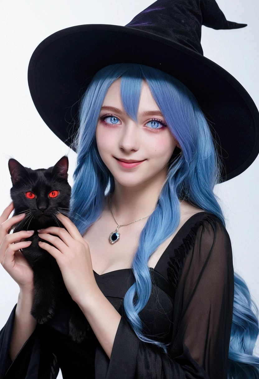 One Girl、Cat ears、Witch's black hat、Black Dress、Long-haired girl with purple hair、(Heterochromia iridis, Red eyes and light blue eyes)、Laughter、