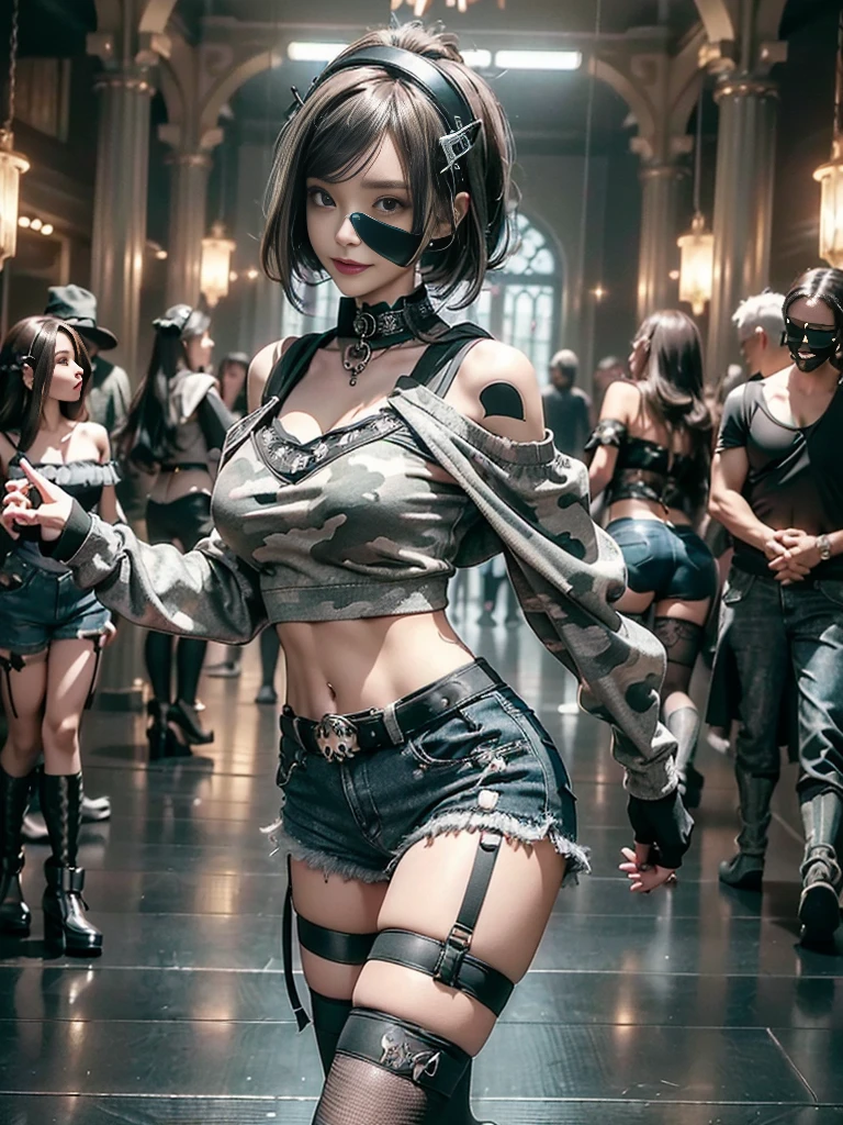 (Side view:1.1)、(Beautiful skin, lips and nose:1.4)、(Smiling with teeth showing:1.3),(Fashion Model:1.5)、(Gothic ta delicately decorated battle uniform:1.5)、(Moss green off-shoulder hoodie:1.5)、(Black, silver and white shorts:1.4)、(denim garter belt:1.5)、(Black and camouflage knee socks:1.3)、(Skull Silver Accessories:1.5)、(Lace collar:1.3)、(Brown Skin Belt:1.4)、(Brown boots:1.2)、(Underwear has polka dots:1.4)、23 years old、((Highest quality、In 8K、masterpiece:1.3))、Sharp focus:1.2、(Layered Cut、Huge boobs:1.1),Beautiful woman with perfect figure:1.4、(Dancing vigorously:1.3)、Slender Abs:1.2、Highly detailed face and skin texture、Detailed eyes、double eyelid,(Bob Hair:1.3)、(Brown Hair:1.3)、Gravure idol、(The background is a luxurious dance hall.:1.3)、(Slim Body:1.2),(Make your legs thinner:1.4),(clavicle:1.1)