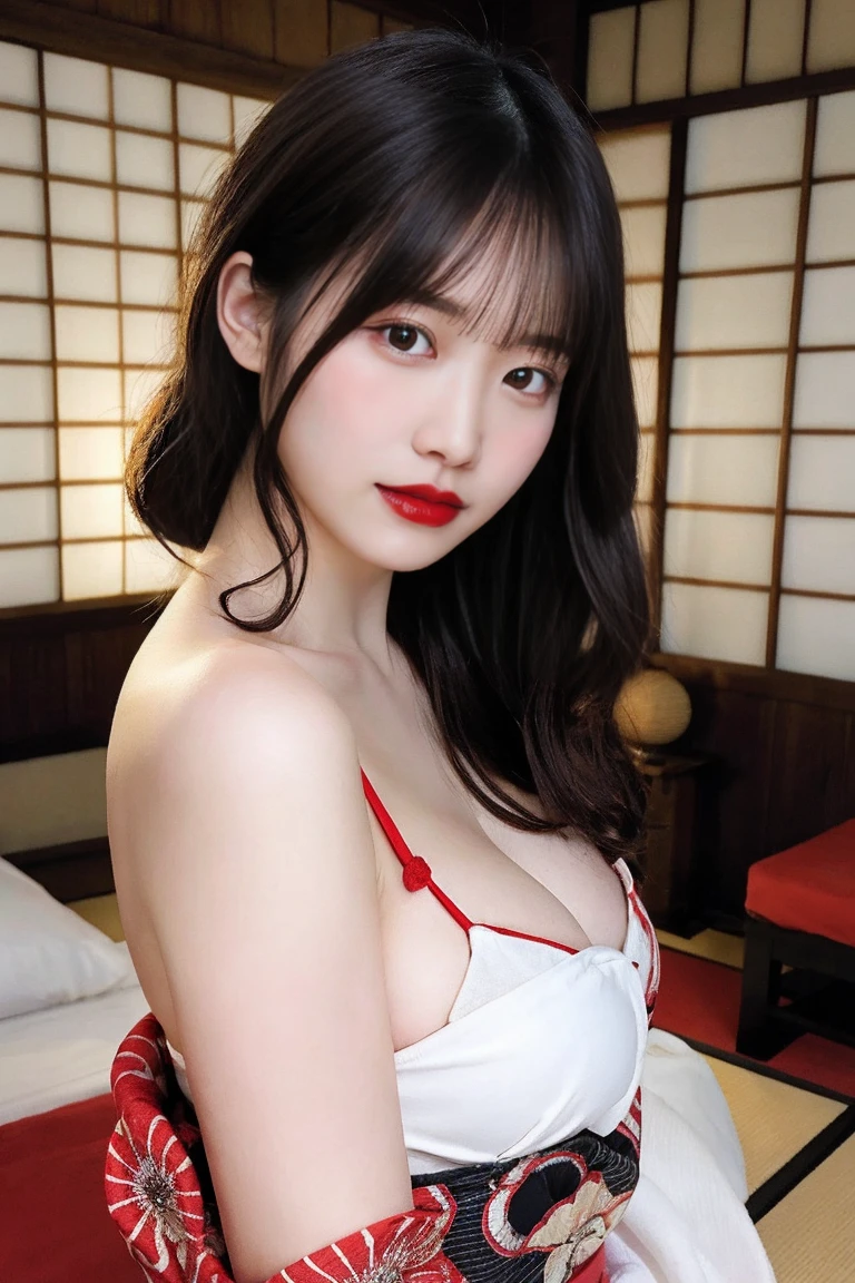 (Raw photo:1.2), (Photorealistic), Beautiful detailed girl, Very detailed eyes and face, Beautiful detailed eyes, Huge file size, High resolution, Very detailed, Best Quality, [masterpiece:1.6], Illustration, Very detailed, Fine detail, Best Quality, 32K Wallpaper, in a traditional japanese bedroom, intricate details, Beautiful japanese girl, 21yo girl, Perfect body shape, medium natural breast, pale skin, wavy hair, red lips, erotic body, over shoulder yukata, sexy pose, close-up photo,