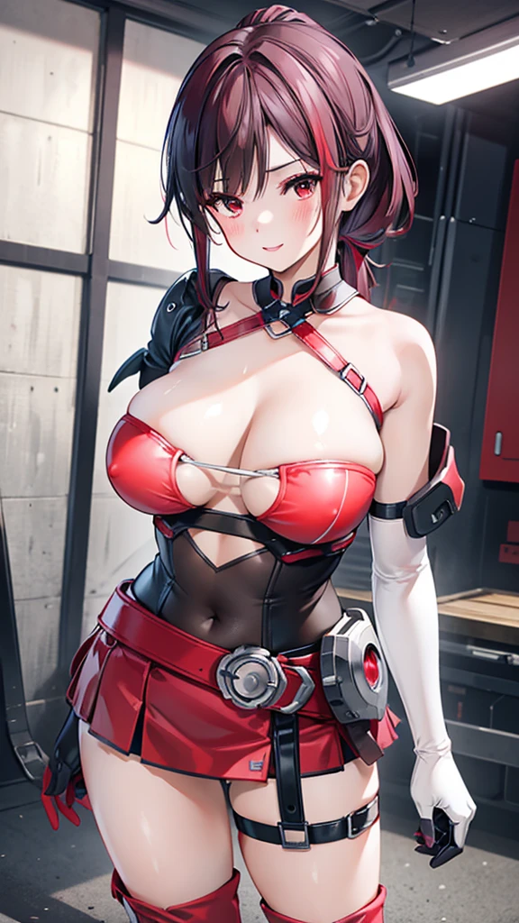 18 year old girl，，dark red hair，Ponytail hairstyle，Zhangzui smile，Huge breasts，Cleavage，Transparent red sleeveless top，Leave space in the middle to reveal Cleavage，Soaked all over，blush，Red eyes，female spy，red miniskirt，White gloves，White hand sleeves，White boots，Science fiction，future，Inside the robot warehouse，robot driver，He has a pistol hanging from his waist，lipstick，Nipple showing，Metal belt around waist