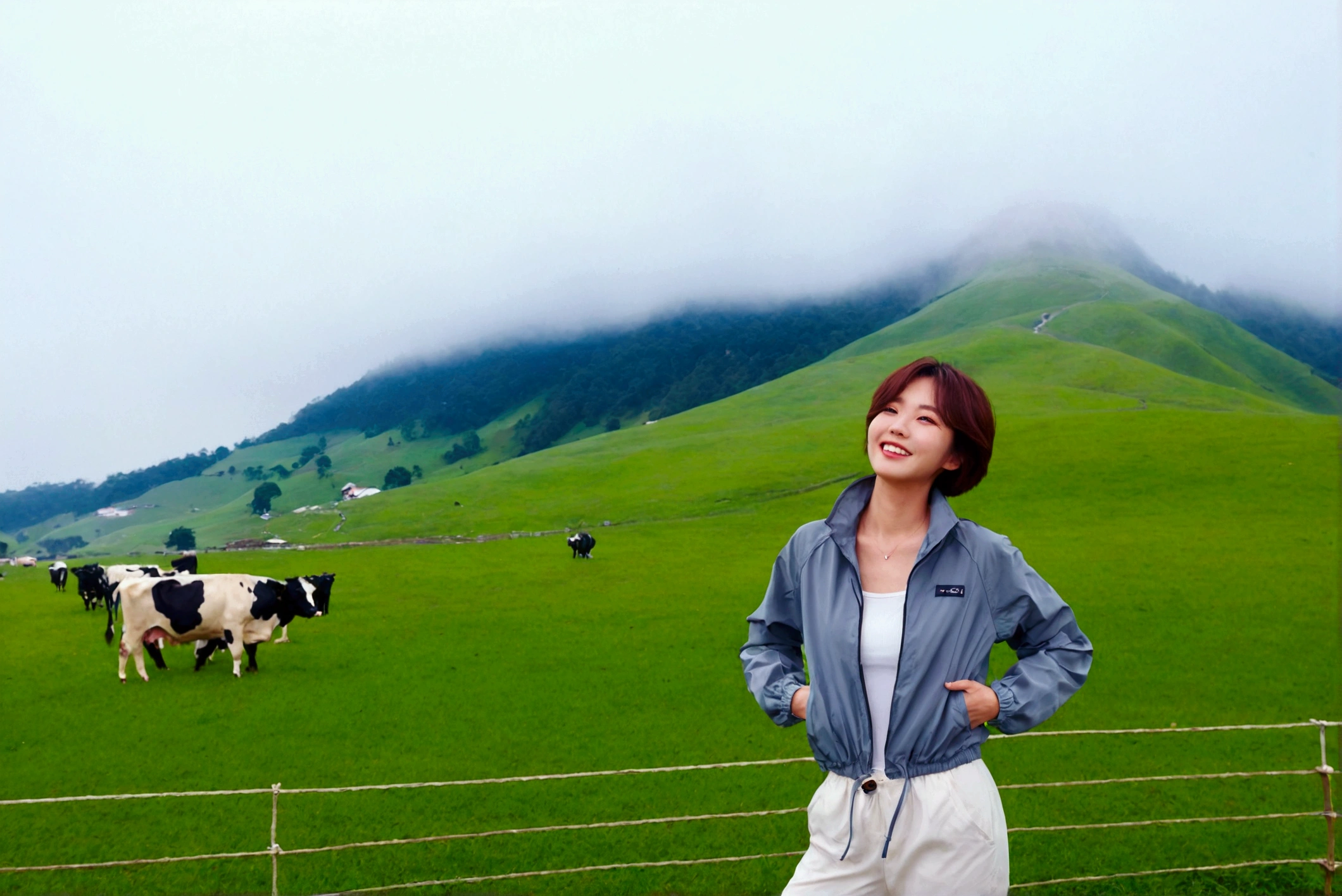 high quality, 1 woman, ((36 years old 건강한 한국 여성)), ((36 years old)), 1 woman, The eyes are big and beautiful. ((slim)), ((short medium hair)), laugh. pose: standing, High-end luxury brand windbreaker gray jacket, white casual pants, background: 1 woman, California, pasture, cattle, morning, Fog, With a 16-35 wide angle lens , look up to the side, cattle가 풀을 뜯는다