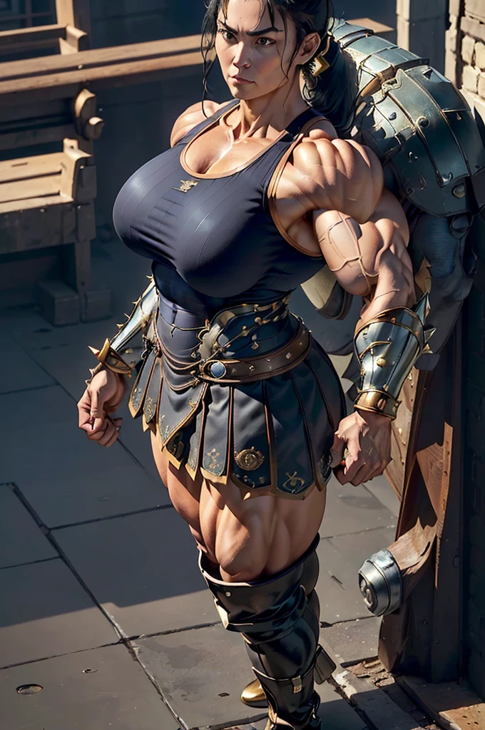 (Best lighting) , (Very intricate details) , 4K Integration, (Super fine CG: 1.2) , (8k: 1.2),(original), (masterpiece) , (Highest quality),(masterpiece:1.4),((Full color images))、Photo quality, (from below), masterpiece, Highest quality, Absurd,((Masterpiece, 4K, 8k, High resolution)),(masterpiece), (Highest quality), (Super detailed), (Very delicate and beautiful), ((Full body image 1:1.5)), 1 female, ((solo woman image)), The face of a 40-year-old Western woman、A beautiful, well-balanced face、 ((A woman with a muscular body like a male bodybuilder)),((Huge muscular physique))、Fantasy, ((A giant woman, 18 metres tall)), gigantess、((Beautiful woman)),((Woman warrior)), The face of a 45-year-old Western woman, ((Wearing metal armor))、(((Metal armor showing muscle bulges)))、((Armor that accentuates muscular arms and legini skirt、Valkyrie's Helmet、(Extremely muscular legs)、((Long boots with pin heels))、((kneehigh boots))、Has a huge sword、Dilapidated cityscape,Strength and elegance,Solemn atmosphere,((The Queen's Appearance))、((The Strongest Queen of Mankind))、(Huge muscular physique),((Woman with male bodybuilder body))、((Protruding veins))、((A woman with a toned chest like a male bodybuilder))、Raised trapezius muscle、very thick neck、((Strong arms with bulging biceps))、A muscular chest、Six-pack、((Thick thighs with bulging muscles))、Exposed thighs、((Bicep-like calf muscles))、Very large sole size、Overflowing with incredible strength、Muscles bulging out from under the force of force all over the body、Black Hair、ponytail、A dignified expression、,Poses that show off their monstrous power,Standing with dignity、Vibrant colors,Down to the smallest thread,Impressive level textures,Sharp focus,