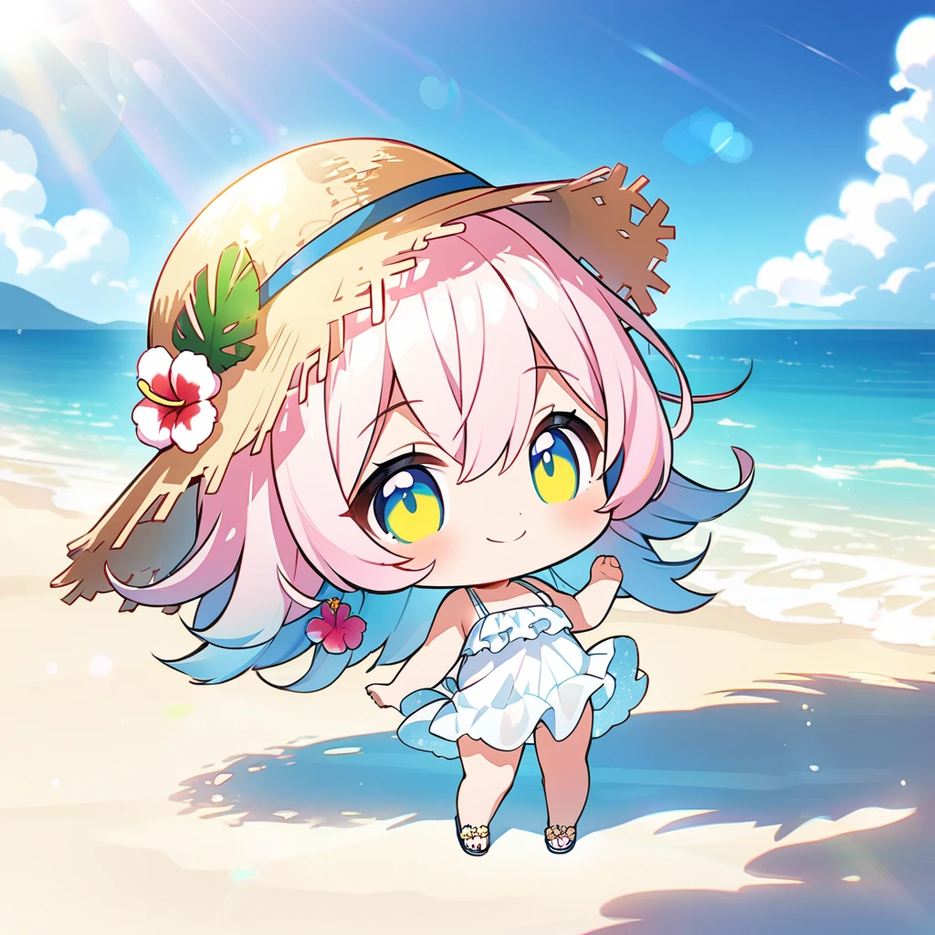 masterpiece, best quality, 4k、2D illustration, one beautiful girl, solo、(((chibi style)))、((vivid colors))、cute chibi, lovely chibi、((colorful))、((long beautiful hair)), glossy light pink hair, hair between eyes, cute, beautifully detailed eyes、((white summer dress))、((straw hat))、hibiscus hair ornament, flip-flops, ((happy smile))、((full body shot))、((summer beach))、((calm sea))、((blue sky))、sunbeam, white light, ((lens flare)), ((high color saturation)),