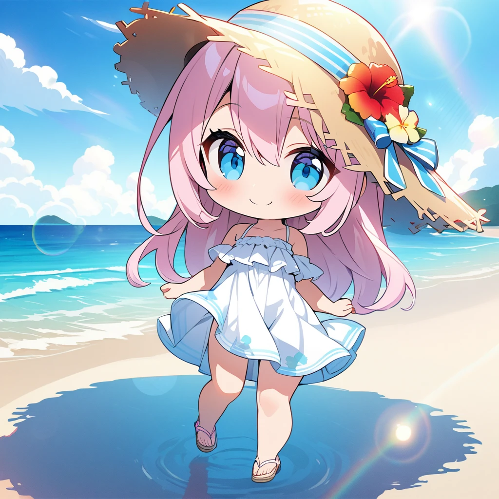 masterpiece, best quality, 4k、2D illustration, one beautiful girl, solo、(((chibi style)))、((vivid colors))、cute chibi, lovely chibi、((colorful))、((long beautiful hair)), glossy light pink hair, hair between eyes, cute, beautifully detailed eyes、((white summer dress))、((straw hat))、hibiscus hair ornament, flip-flops, ((happy smile))、((full body shot))、((summer beach))、((calm sea))、((blue sky))、sunbeam, white light, ((lens flare)), ((high color saturation)),