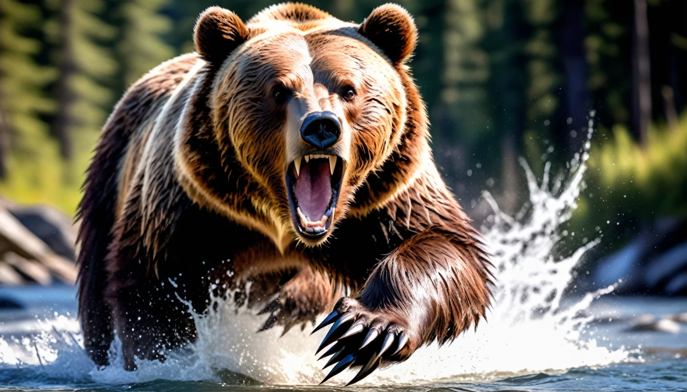 Realistic photos, RAW Photos, grizzly bear, attacks viewer, Powerful movements, jump on prey, ((Dynamic jump)), Sharp Claws, grizzly bear approaching from above, sudden approach, Bad-tempered, dynamic Shot from grand