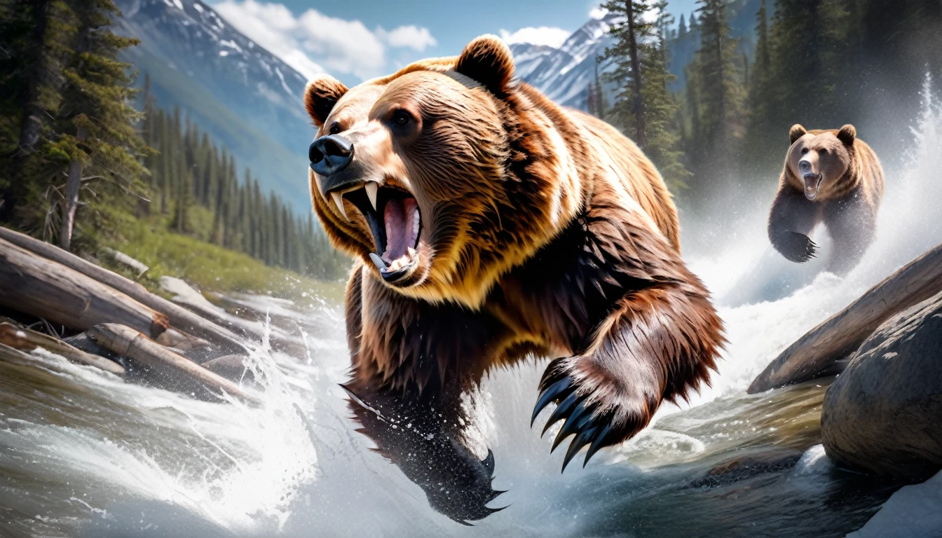 Realistic photos, RAW Photos, grizzly bear, attacks viewer, Powerful movements, jump on prey, ((Dynamic jump)), Sharp Claws, grizzly bear approaching from above, sudden approach, Bad-tempered, dynamic Shot from grand